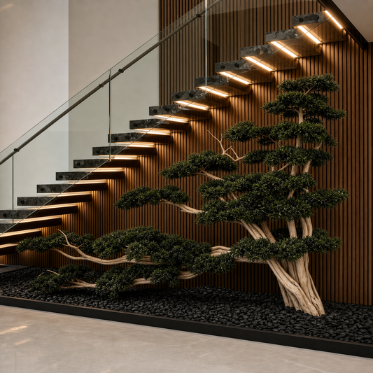 Luxury Faux Pine Bonsai Tree, Custom Size Indoor Evergreen Plant for Staircase Corner, High-End Home Villa Boutique Hotel Decor - staircase left