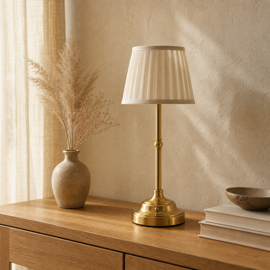 Gold Nordic rechargeable table lamp on a honeyed-oak console in soft daylight.
