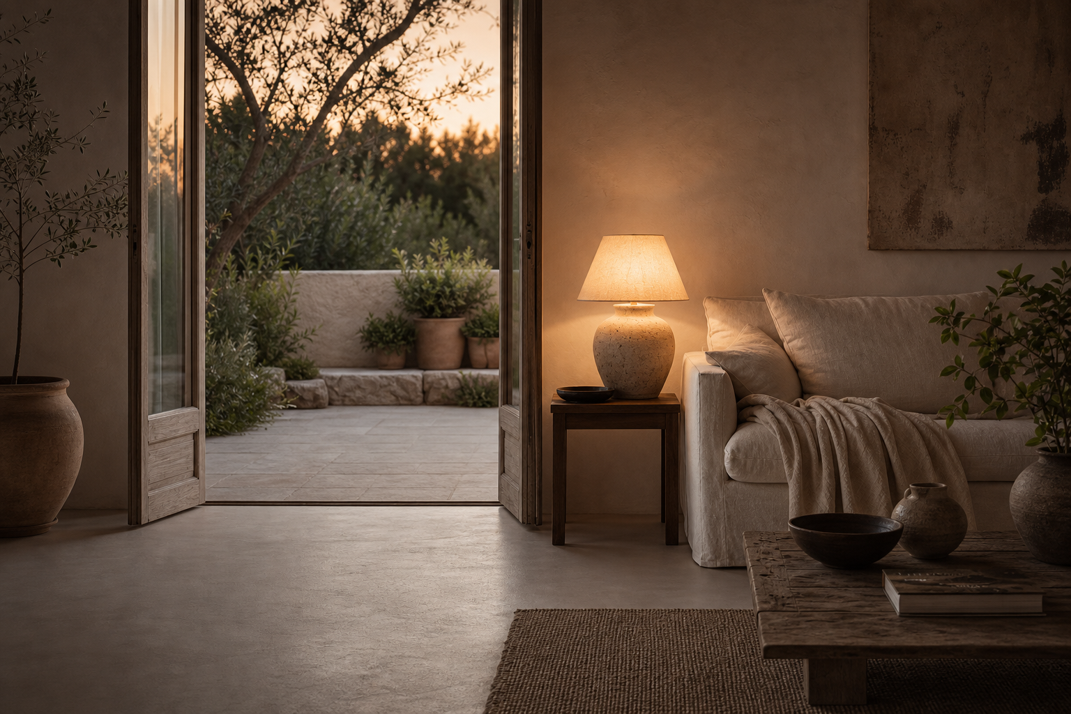 Warm organic-modern living room opening to a garden terrace