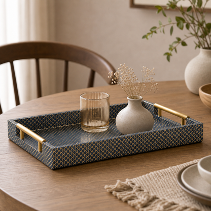 Blue & Gold Geometric Tray shown in a styled Saanjh Haus product image.