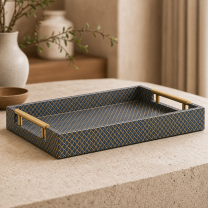 16\" Blue and Gold Geometric Handmade Serving Tray HMS Decorative Tray - low angle left