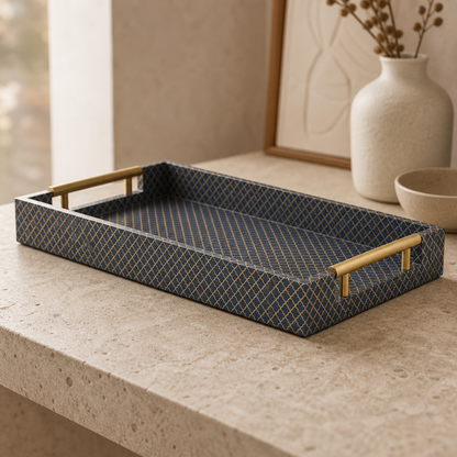 16\" Blue and Gold Geometric Handmade Serving Tray HMS Decorative Tray - low angle right