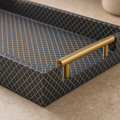 16\" Blue and Gold Geometric Handmade Serving Tray HMS Decorative Tray - handle detail front