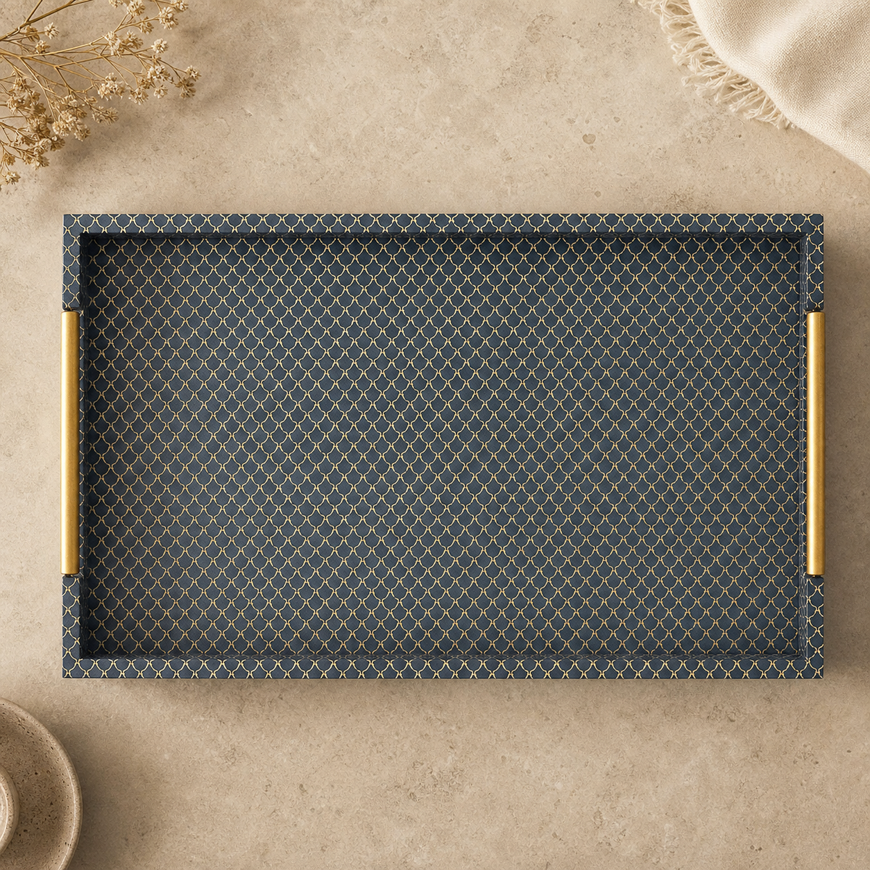 16\" Blue and Gold Geometric Handmade Serving Tray HMS Decorative Tray - top down pattern