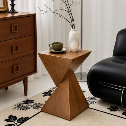 Twisted Geometric Side Table shown as an accent surface in a styled room.