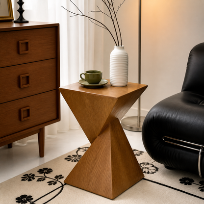 English Title: Modern Geometric Side Table, Unique Twisted End Table for Living Room, Wabi Sabi Accent Coffee Table - wood lifestyle lit