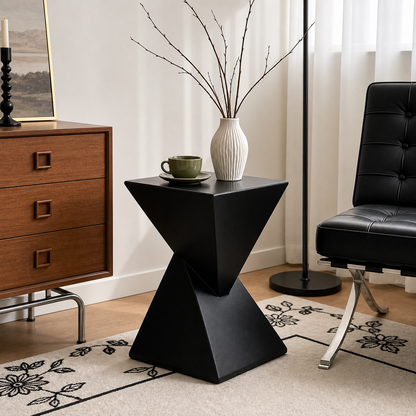 English Title: Modern Geometric Side Table, Unique Twisted End Table for Living Room, Wabi Sabi Accent Coffee Table - black lifestyle front