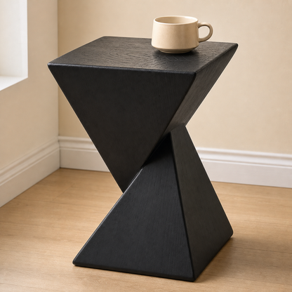English Title: Modern Geometric Side Table, Unique Twisted End Table for Living Room, Wabi Sabi Accent Coffee Table - black product scale