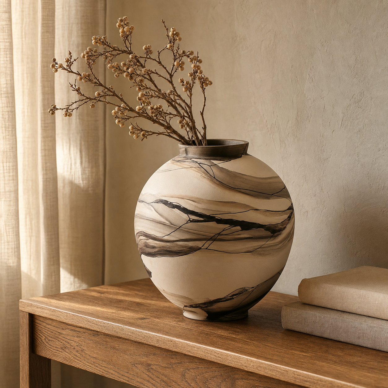 Hand-painted ceramic vase with dried branches on a honeyed-oak console.