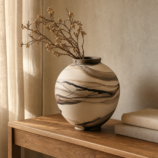 Hand-painted ceramic vase with dried branches on a honeyed-oak console.