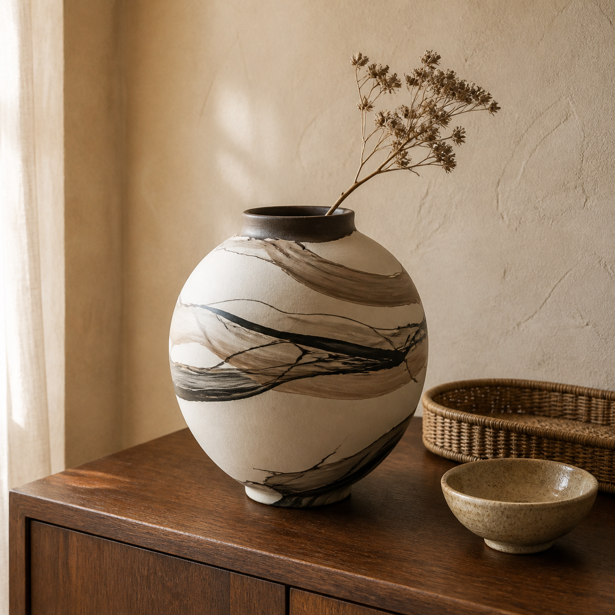 Hand-painted ceramic vase styled on a walnut sideboard with rattan and stoneware.