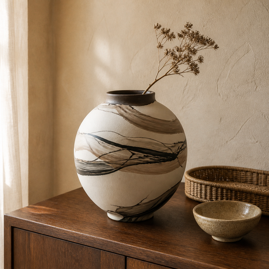 Hand-painted ceramic vase styled on a walnut sideboard with rattan and stoneware.