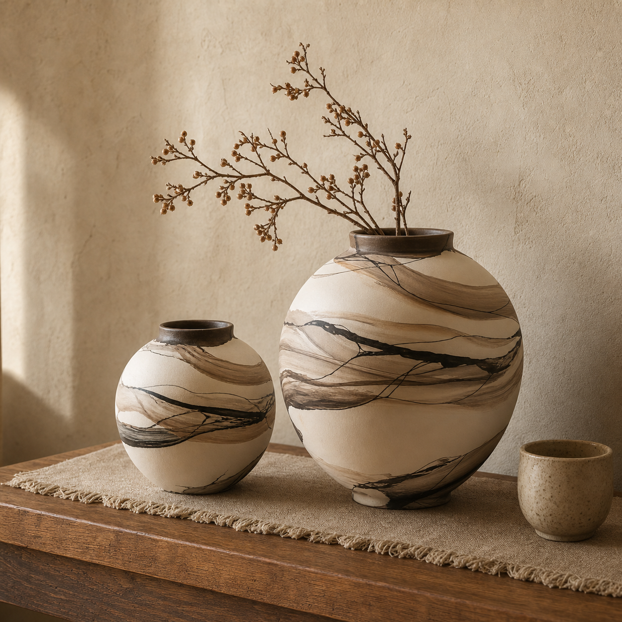 Large and small hand-painted ceramic vases styled together on a warm wood console.