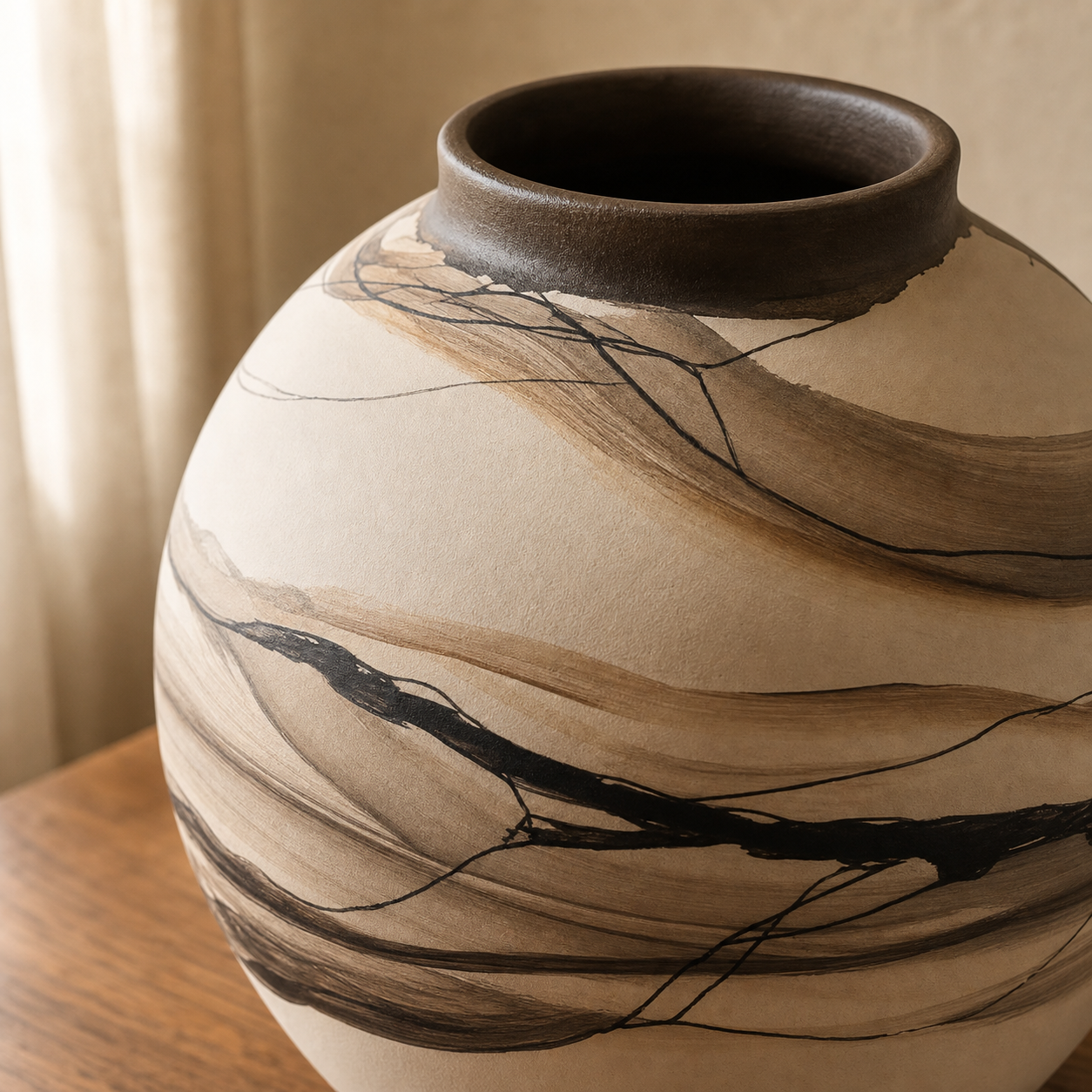 Close detail of the hand-painted ceramic vase rim and flowing brushwork.