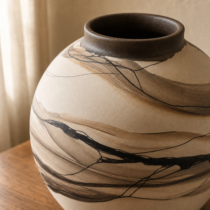 Close detail of the hand-painted ceramic vase rim and flowing brushwork.