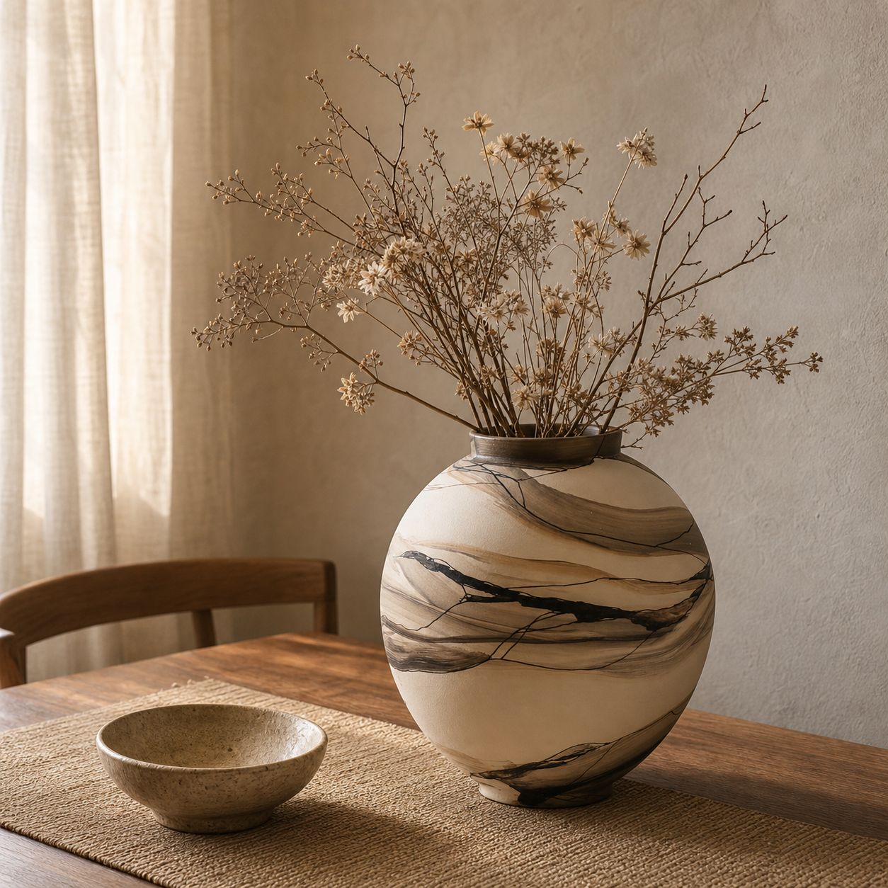 Hand-painted ceramic vase with dried wildflowers on a warm wood dining table.