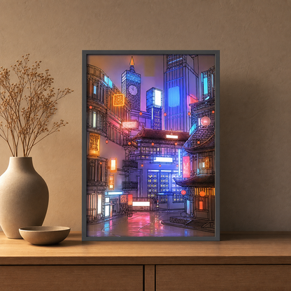 City Night LED Art Light shown lit in a styled home setting.