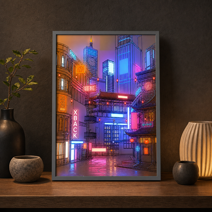 LED Beautiful City Night View Table Light Painting,HD Picture Narrow Bezel USB Plug Dimming Romantic Home Decorations Night Lamp - shelf lit front