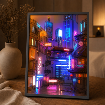 LED Beautiful City Night View Table Light Painting,HD Picture Narrow Bezel USB Plug Dimming Romantic Home Decorations Night Lamp - close lit tabletop