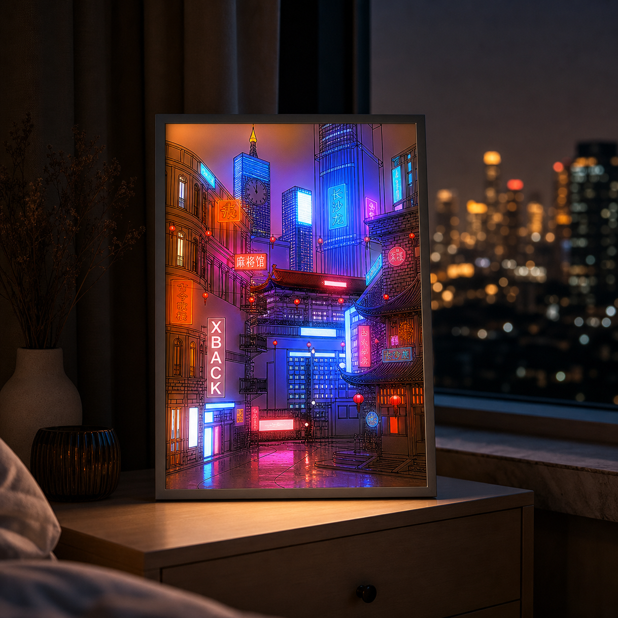 LED Beautiful City Night View Table Light Painting,HD Picture Narrow Bezel USB Plug Dimming Romantic Home Decorations Night Lamp - nightstand atmosphere