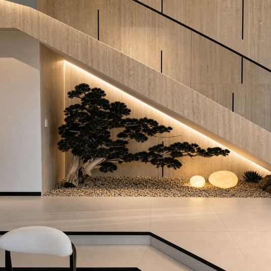 Luxury Faux Pine Bonsai Tree, Custom Size Indoor Evergreen Plant for Staircase Corner, High-End Home Villa Boutique Hotel Decor - low planter wide