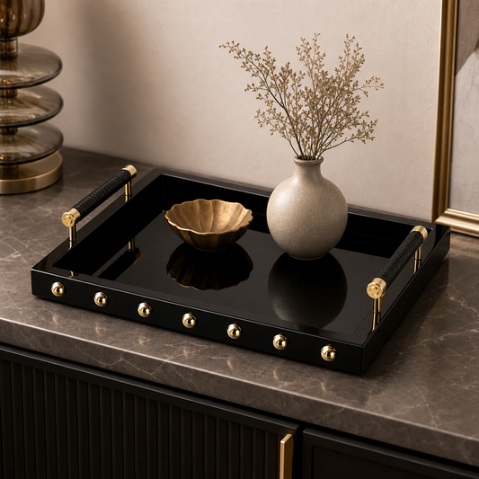 Luxury Mother Pearl Tray Brass Handles Handcrafted Inlay Design Customizable Modern Diwali Serving Decorative Tray Festive - black tray stud detail