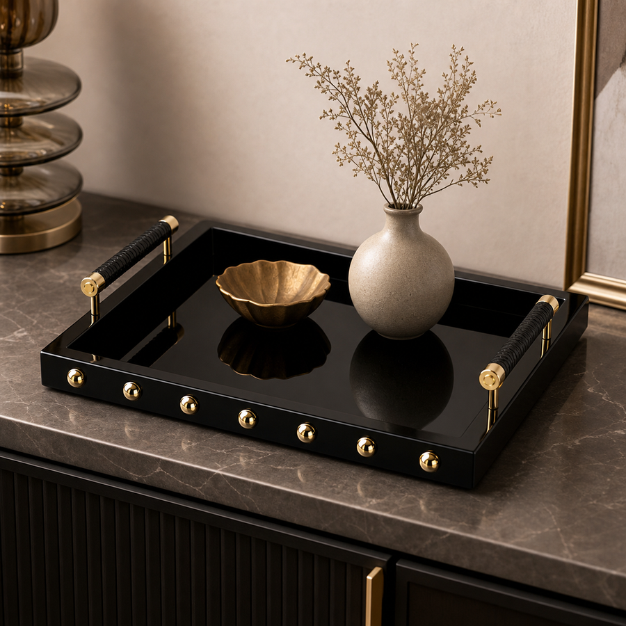 Luxury Mother Pearl Tray Brass Handles Handcrafted Inlay Design Customizable Modern Diwali Serving Decorative Tray Festive - black tray stud detail