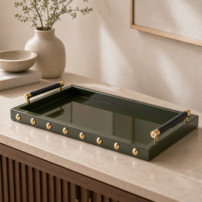 Luxury Mother Pearl Tray Brass Handles Handcrafted Inlay Design Customizable Modern Diwali Serving Decorative Tray Festive - green tray variant