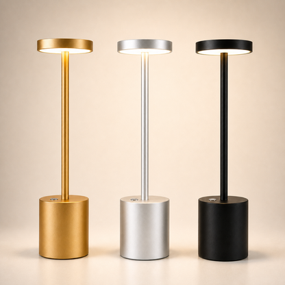 Cordless LED Touch Lamp shown lit in a styled home setting.