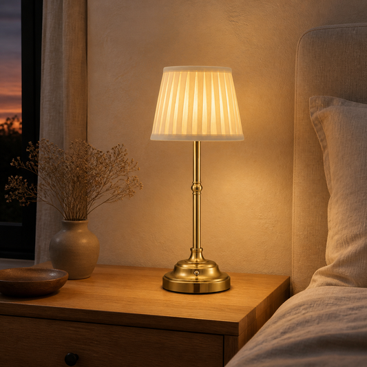 Gold Nordic rechargeable table lamp glowing on a warm bedside table.