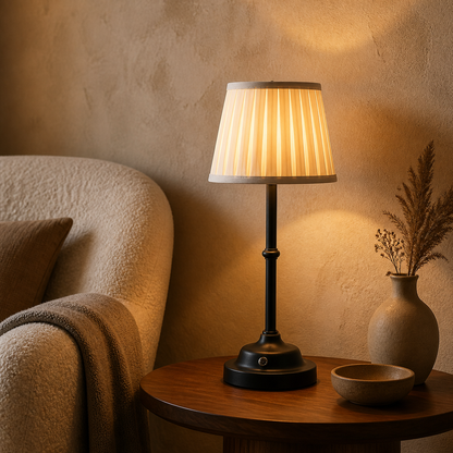 Black Nordic rechargeable table lamp glowing on a walnut side table.